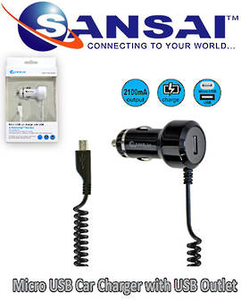 SANSAI micro USB Car Charger with USB Outlet Compatible For All microUSB Use