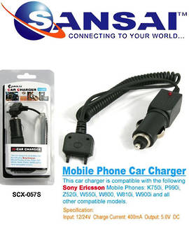 SANSAI SonyEricsson Car Charger For K750i, P990i, Z520i W550i, W800, W810i, W900i etc